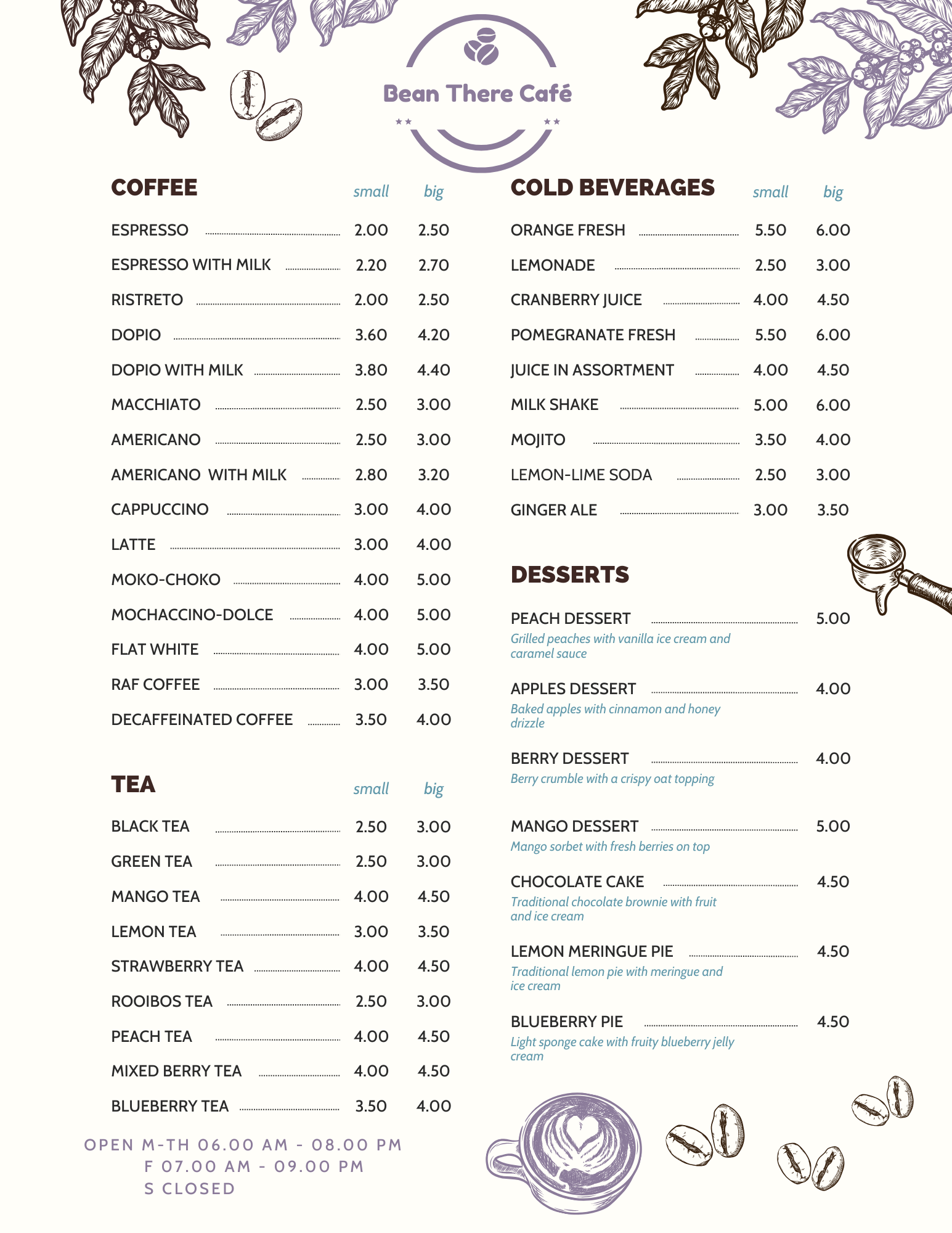 Bean There Café Menu - Full drink and food offerings with prices